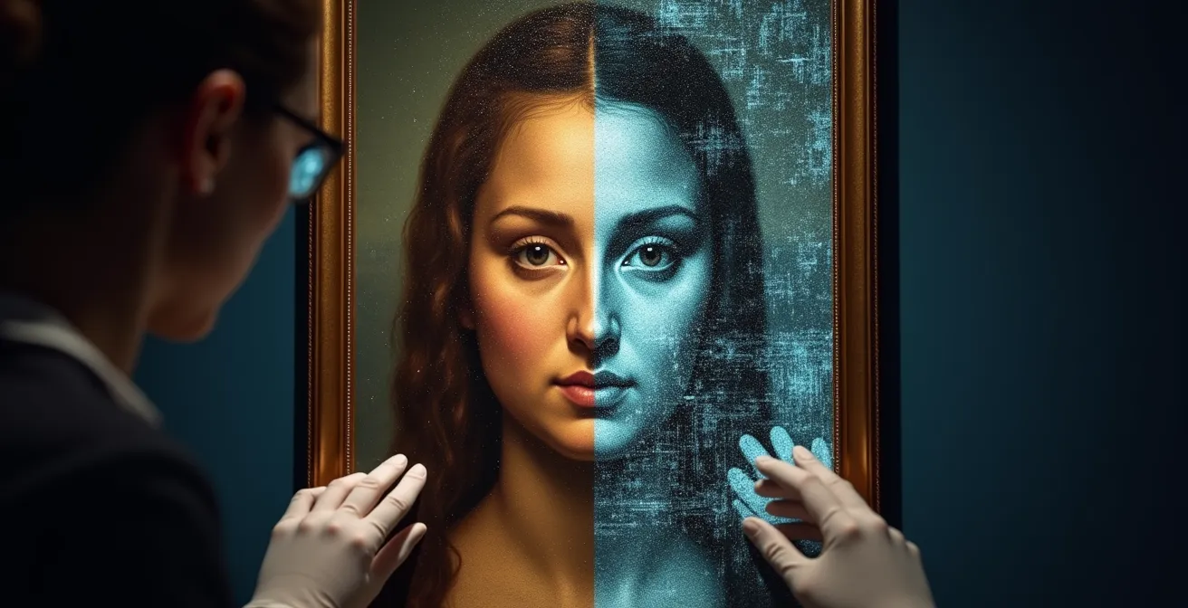 Scanner multispettrale che analizza una tela antica rivelando strati nascosti