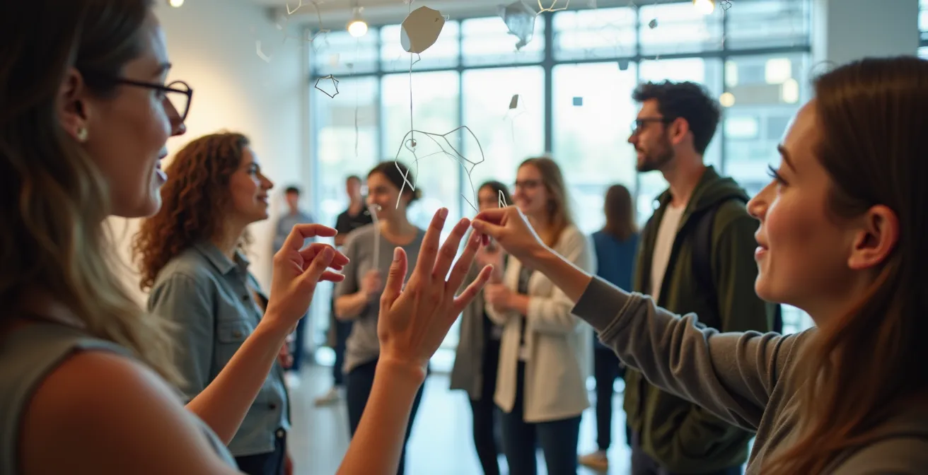 Visitatori che interagiscono con un'installazione artistica partecipativa in uno spazio espositivo contemporaneo
