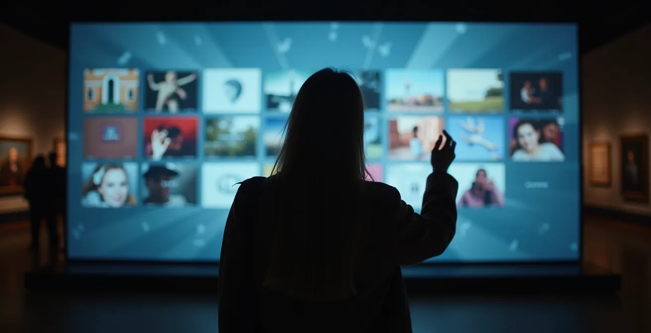 Visitatore che esplora un archivio museale digitale attraverso un display interattivo touchscreen