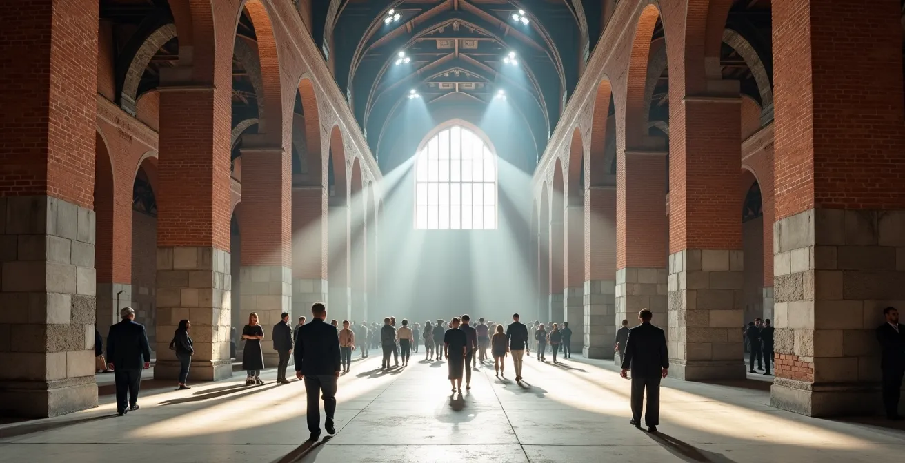 Vista grandangolare dell'Arsenale di Venezia durante la Biennale con visitatori internazionali