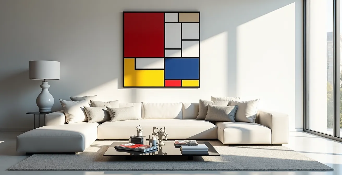 Interno minimalista con opera d'arte geometrica che crea armonia visiva