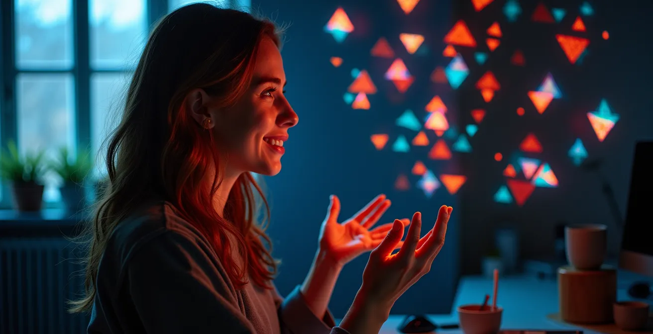 Artista che interagisce con proiezioni luminose algoritmiche nello studio