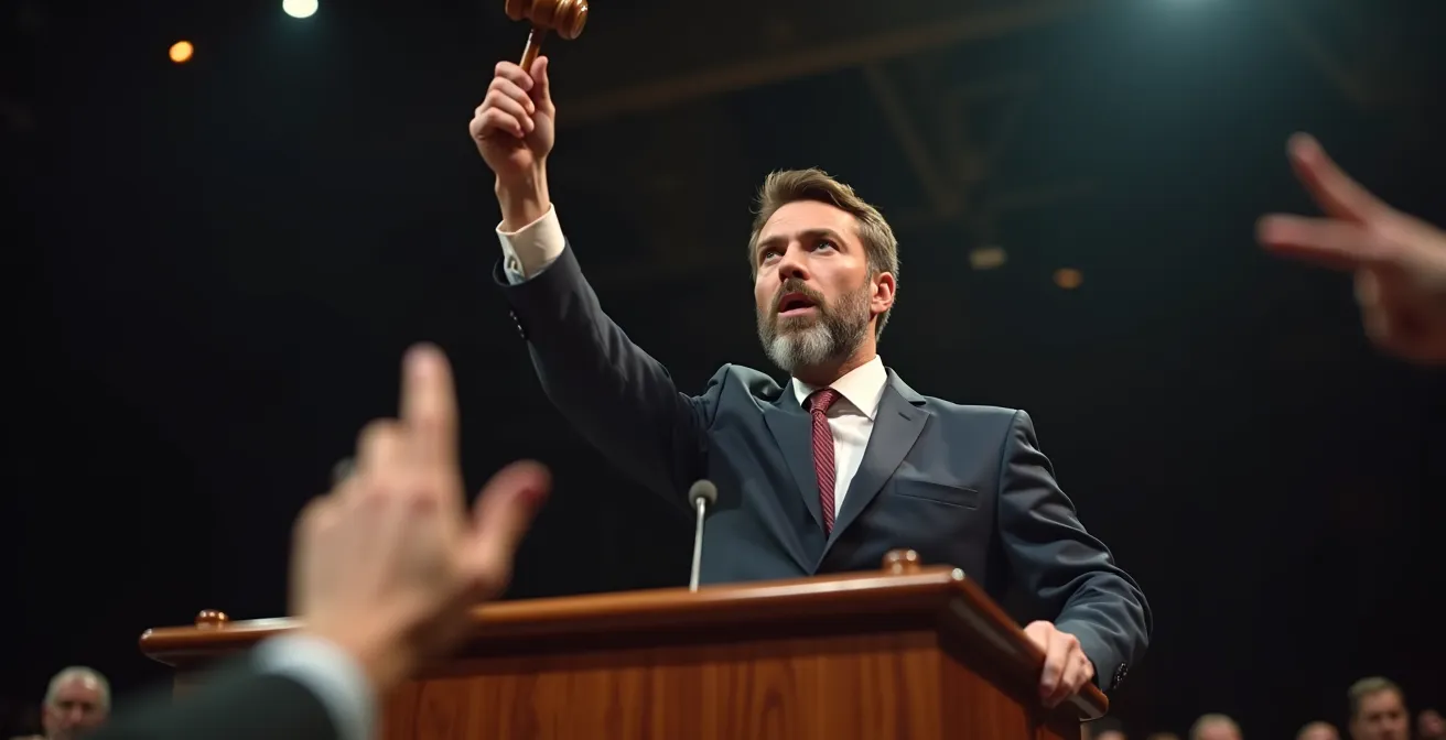 Battitore d'asta con martelletto durante una vendita di arte contemporanea