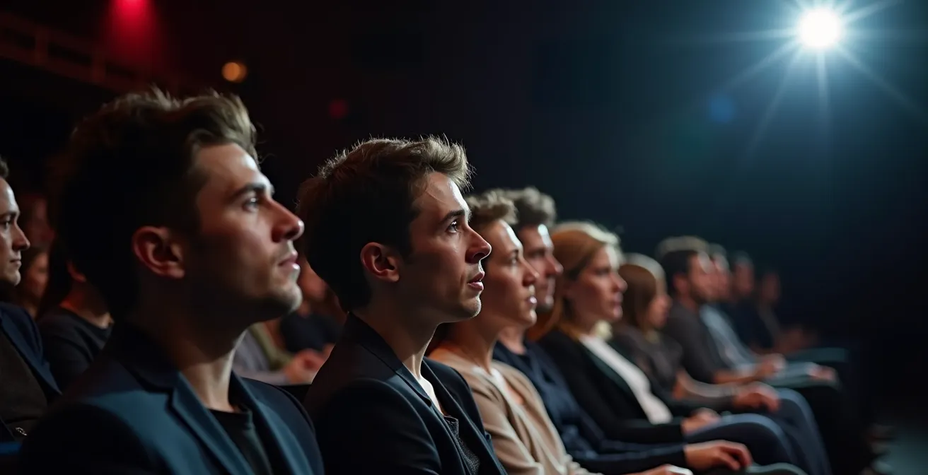Pubblico seduto in silenzio davanti a palco vuoto illuminato, atmosfera di attesa meditativa