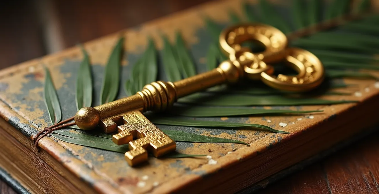 Dettaglio ravvicinato di attributi iconografici religiosi in un dipinto rinascimentale