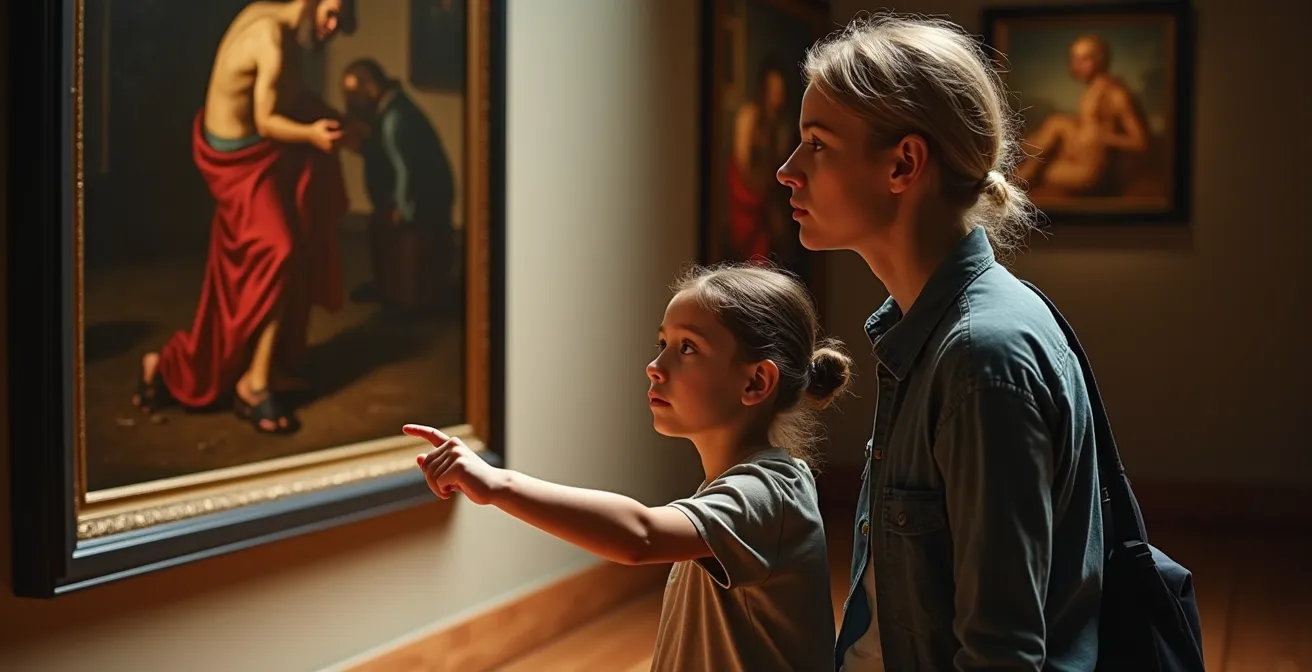 Un bambino e un adulto davanti a un quadro barocco con prospettive diverse