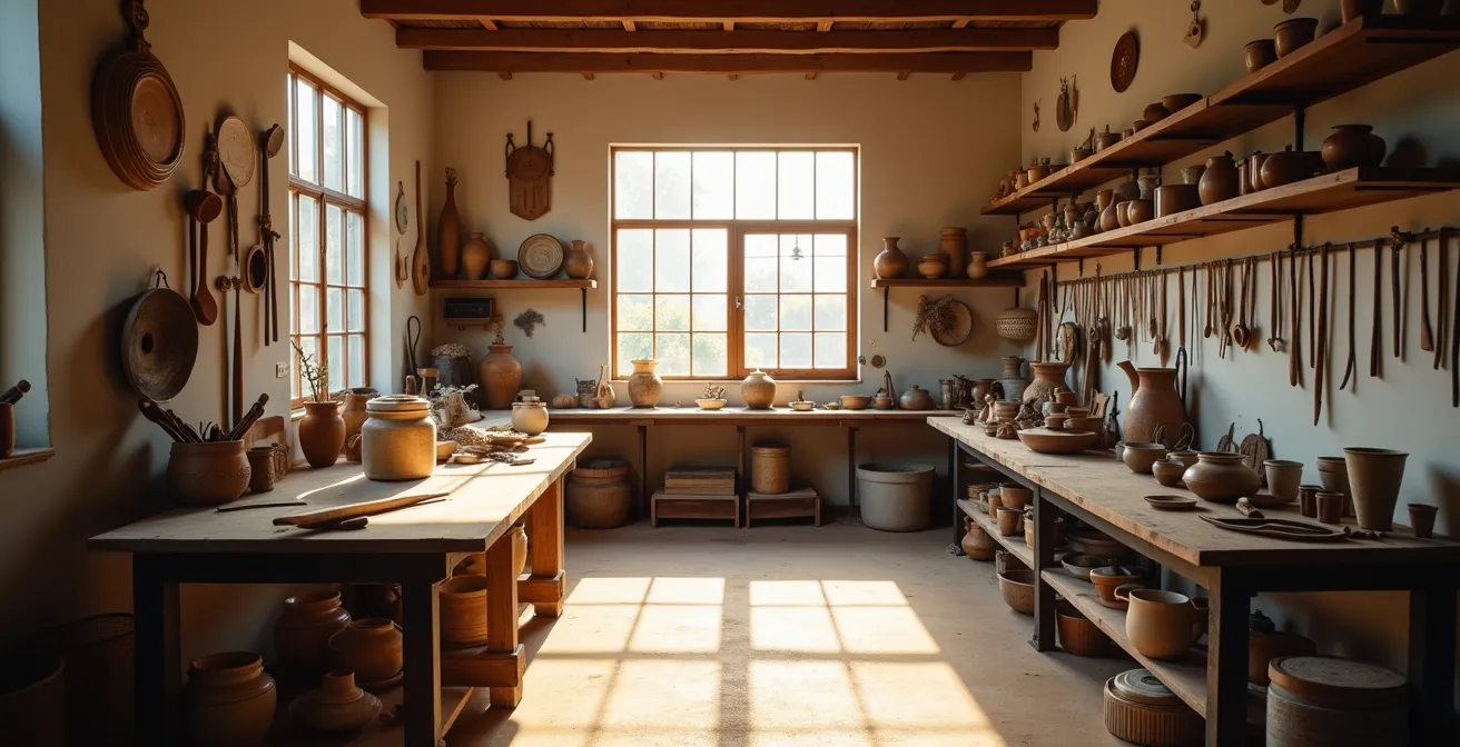 Vista panoramica di bottega artigiana con strumenti tradizionali e opere contemporanee