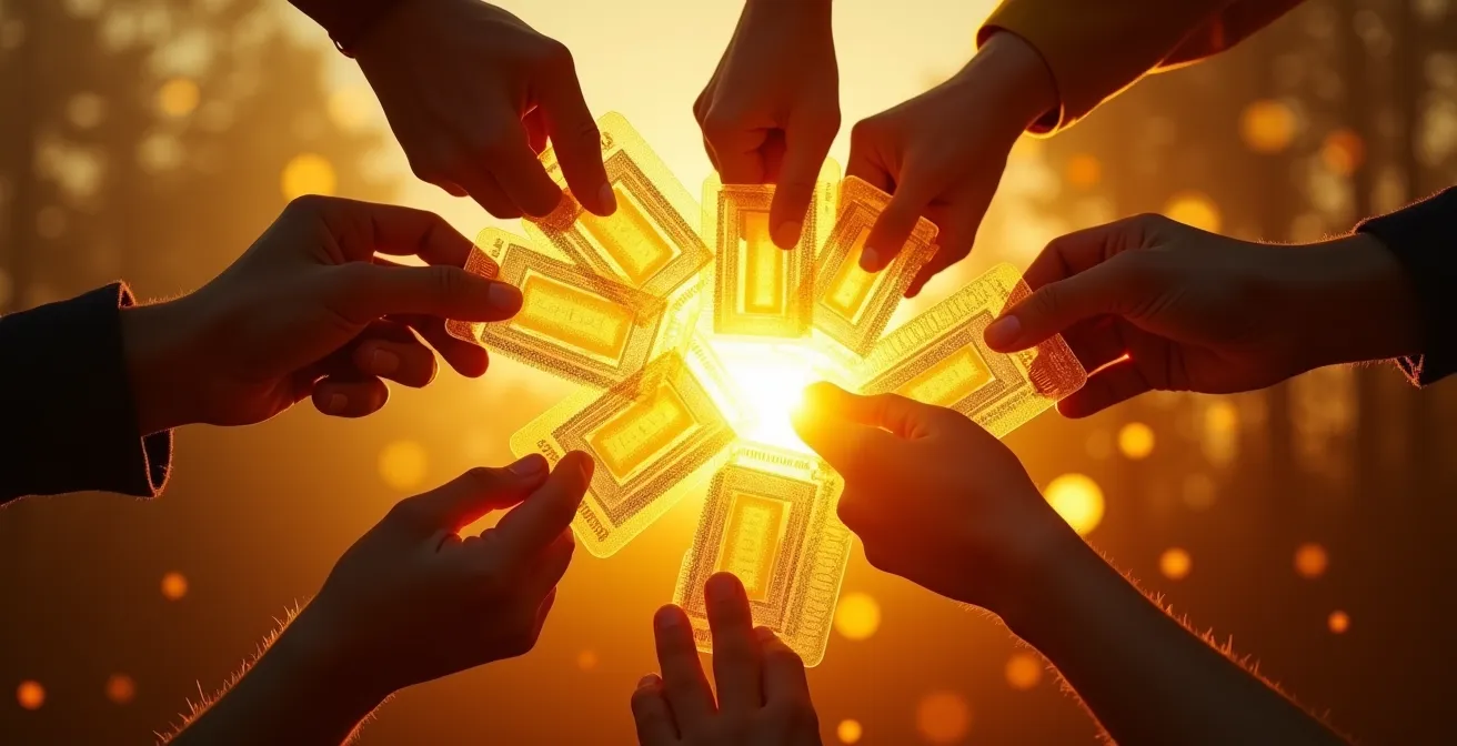 Mani che tengono biglietti dorati per evento esclusivo con riflessi di luce