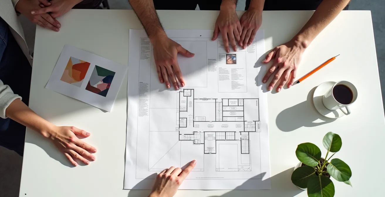 Vista dall'alto di un tavolo di lavoro con documenti di progetto espositivo, a simboleggiare la collaborazione tra esperti.