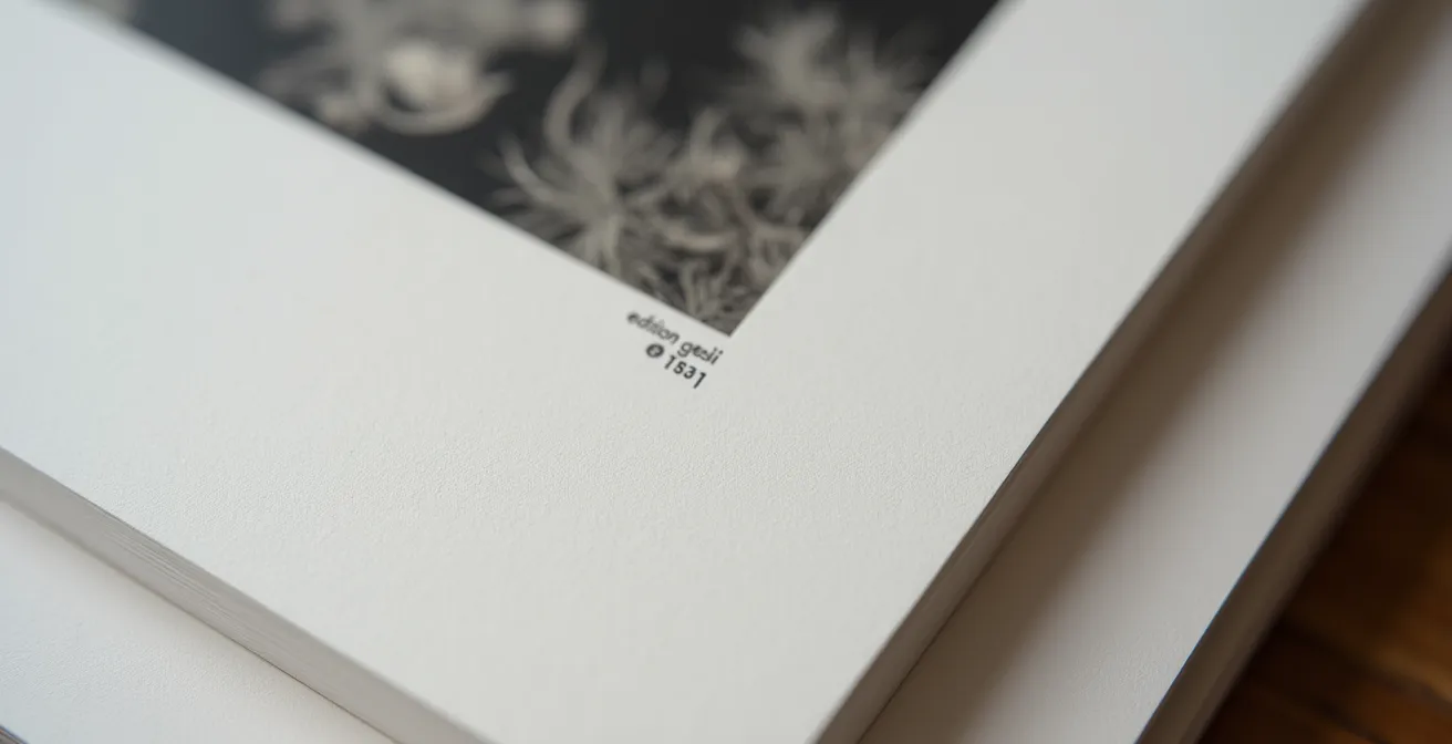 Dettaglio macro di certificato di autenticità e stampa fotografica numerata