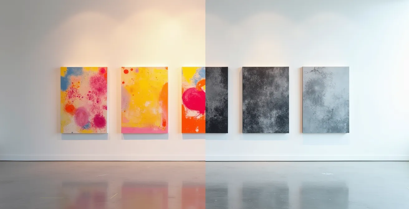 Contrasto tra opera colorata decorativa e installazione concettuale museale