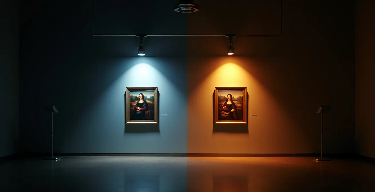 Confronto visivo tra spettri luminosi di LED economici e LED museali professionali
