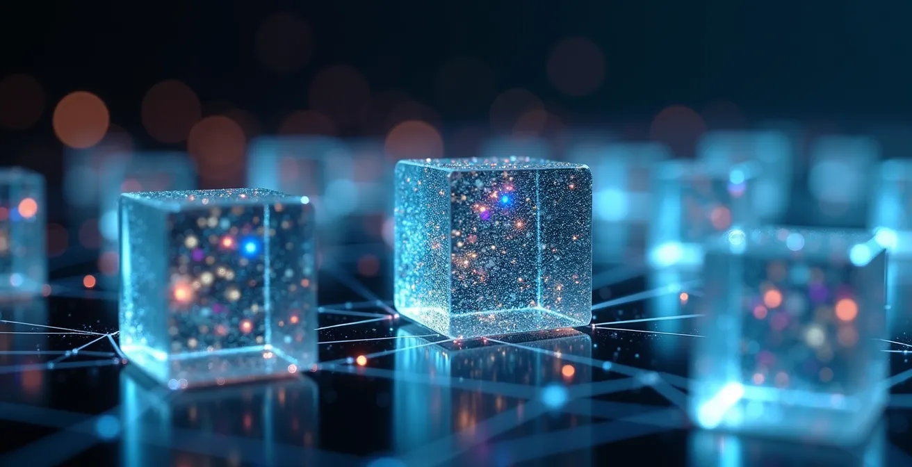 Visualizzazione astratta di blocchi cristallini interconnessi contenenti frammenti di luce colorata