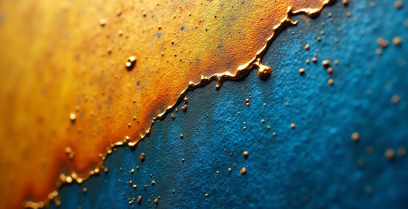 Dettaglio macro di pigmenti di colore su tela antica con variazioni di luce e texture