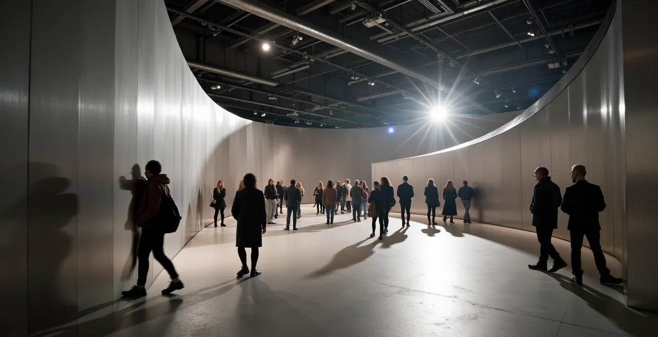 Installazione scultorea che guida il movimento dei visitatori attraverso forme e luci