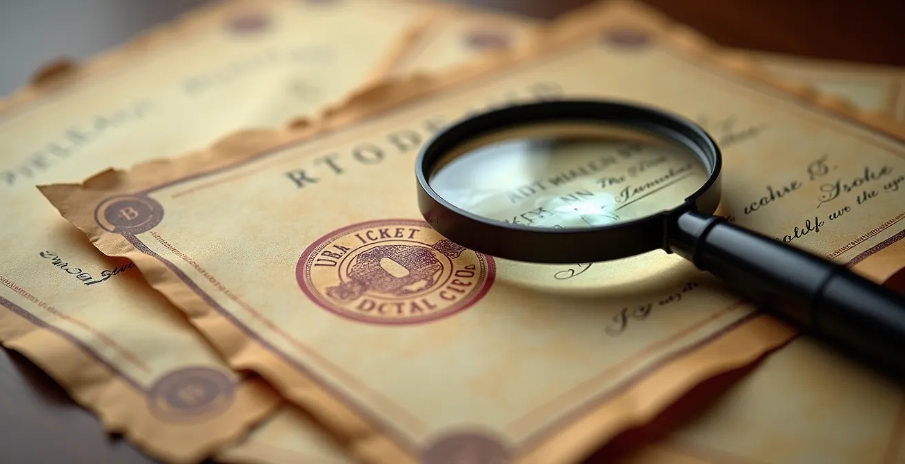Detective dell'arte esamina documenti di provenienza con lente d'ingrandimento