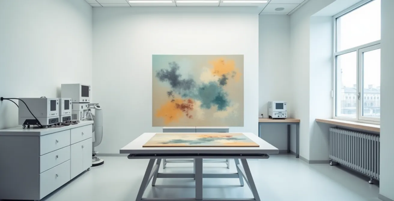 Vista ravvicinata di una superficie pittorica che mostra sottili variazioni cromatiche e texture