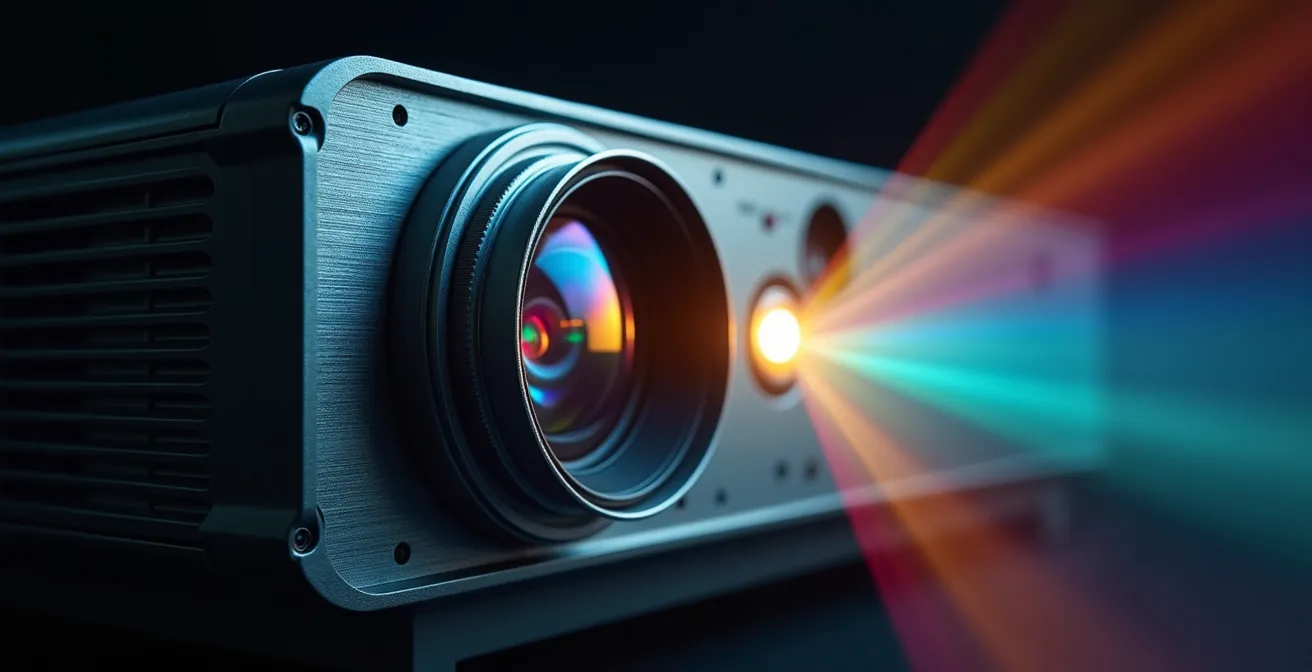 Dettaglio ravvicinato di un proiettore professionale ad alta potenza con fasci di luce colorata