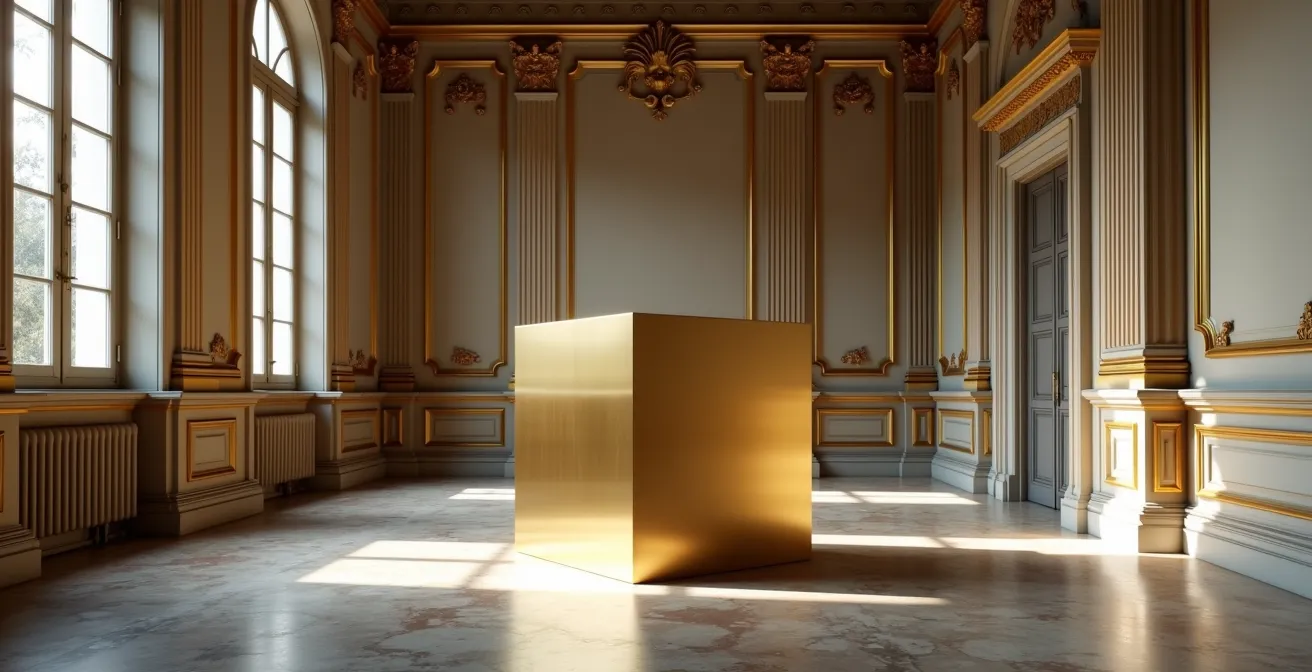 Scultura minimalista in ottone lucido in ambiente barocco italiano