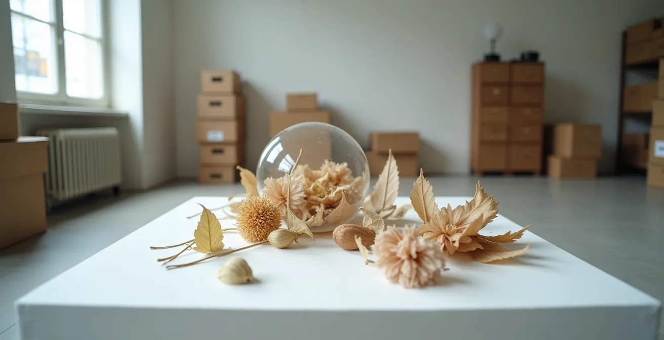 Installazione artistica con elementi vegetali in fase di decomposizione controllata