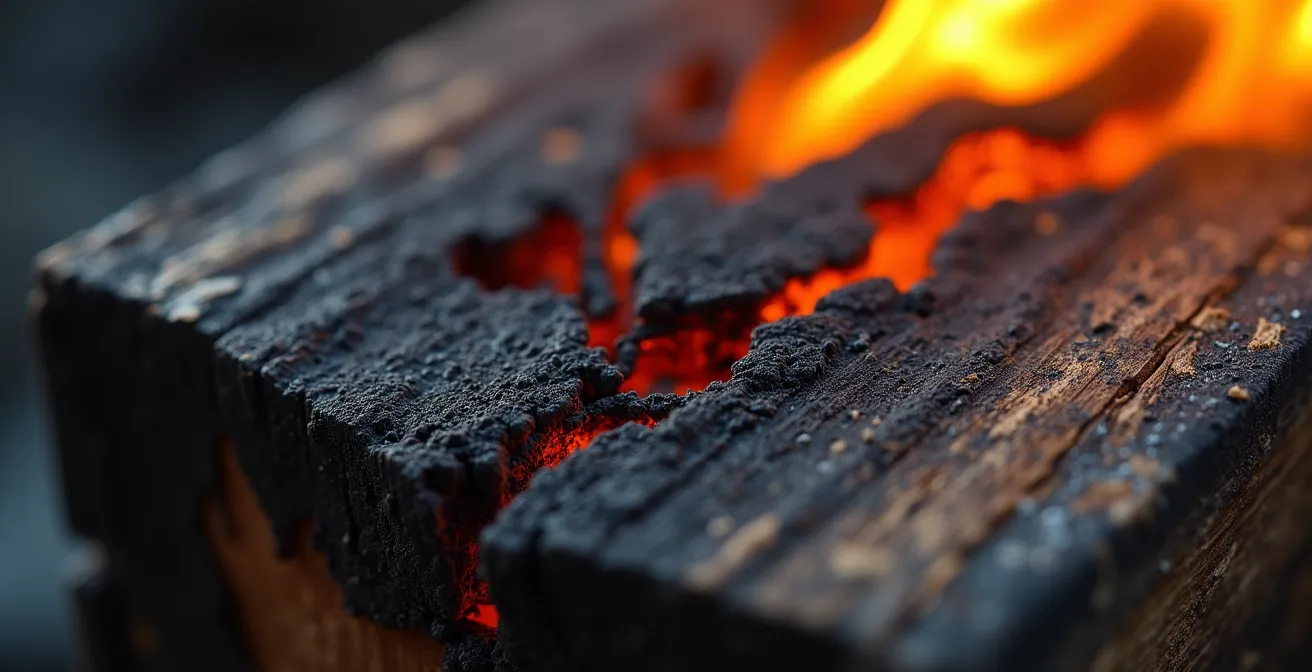 Dettaglio macro di tessuto bruciato e legno carbonizzato nell'arte materica