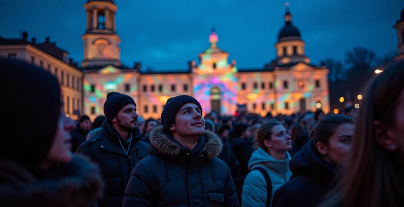 Pubblico affascinato che osserva una proiezione di video mapping su un edificio storico di notte