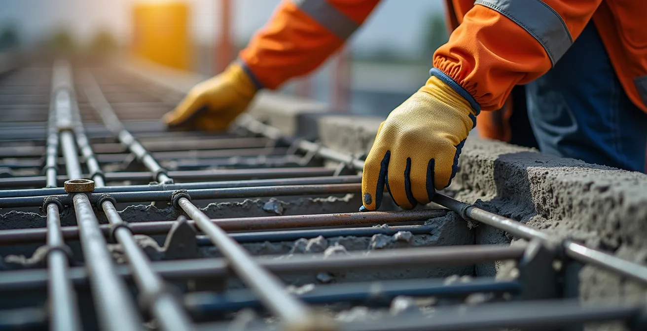 Dettaglio ravvicinato di armature metalliche e getto di cemento per fondazione di scultura