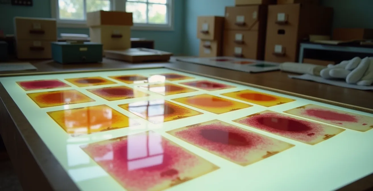 Archivio fotografico storico con vecchie pellicole a colori che documentano opere d'arte del XX secolo