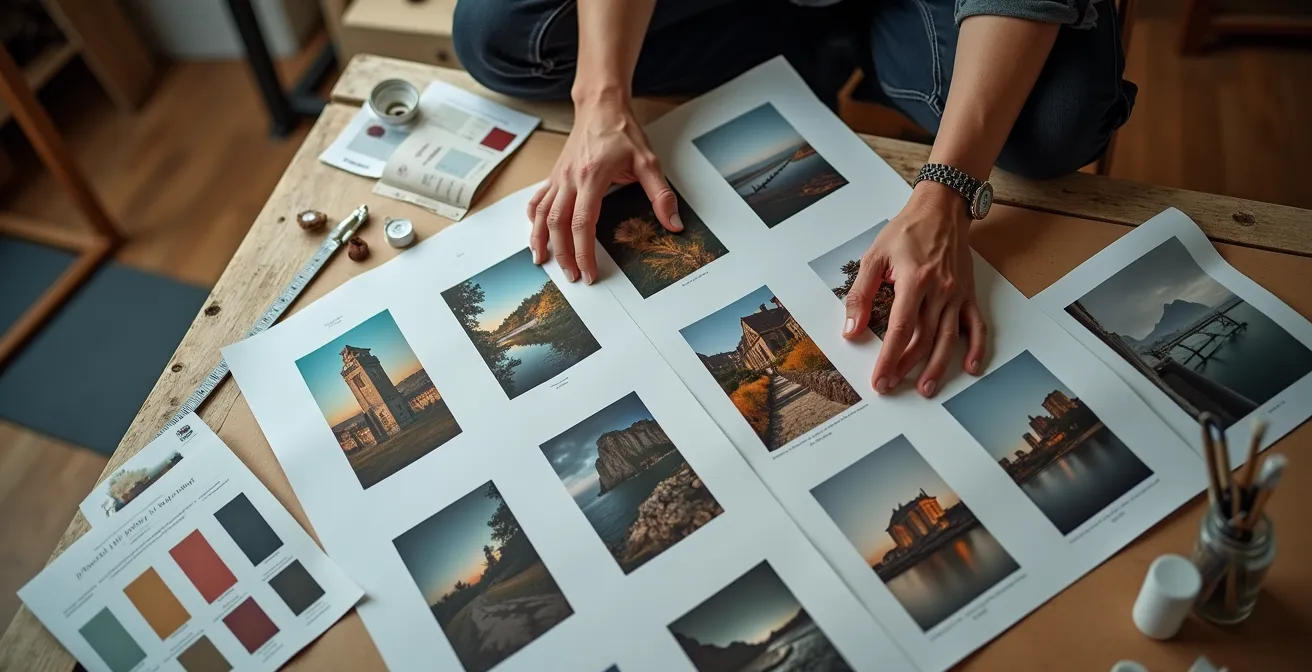 Vista dall'alto di un tavolo con portfolio fotografico aperto mostrando serie coerente di immagini fine art