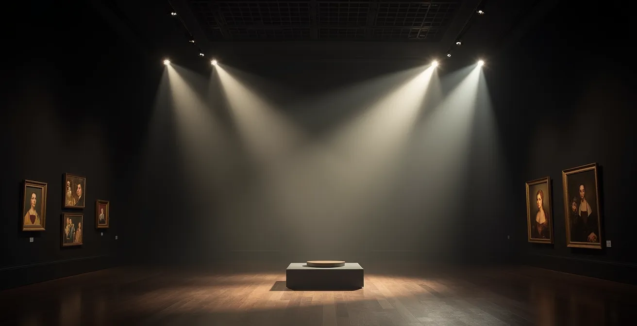 Sala museale con sistema di illuminazione a tre livelli che evidenzia diverse opere con intensità variabili