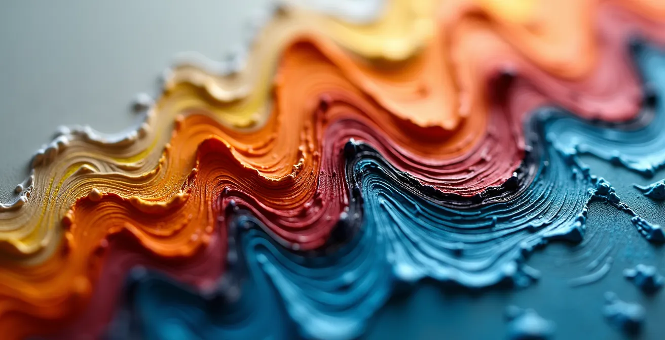 Dettaglio macro di texture di tela dipinta con stratificazioni di colore che suggeriscono grafici di mercato