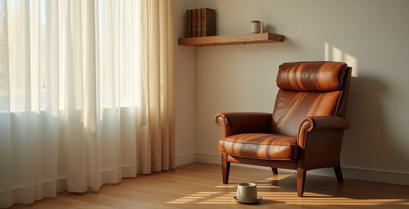 Interno minimale con tracce di vita quotidiana e patina del tempo