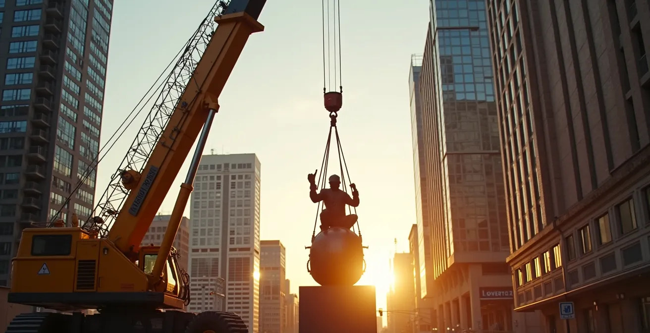 Gru industriale che solleva una scultura monumentale attraverso lo spazio urbano