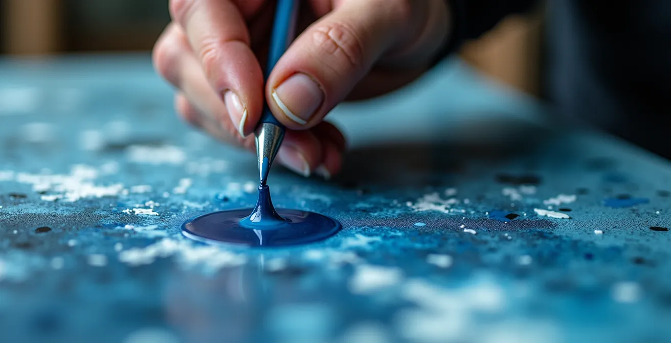 Artista al lavoro nel suo atelier dimostrando il controllo tecnico del gesto pittorico