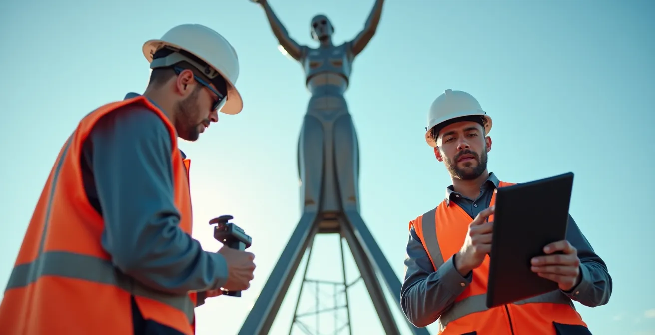 Drone professionale che ispeziona dettagli scultorei di un'opera monumentale alta