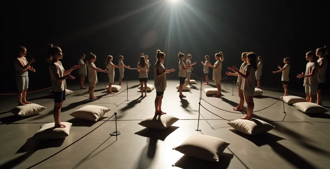 Mediatori discreti mescolati al pubblico durante una performance artistica interattiva