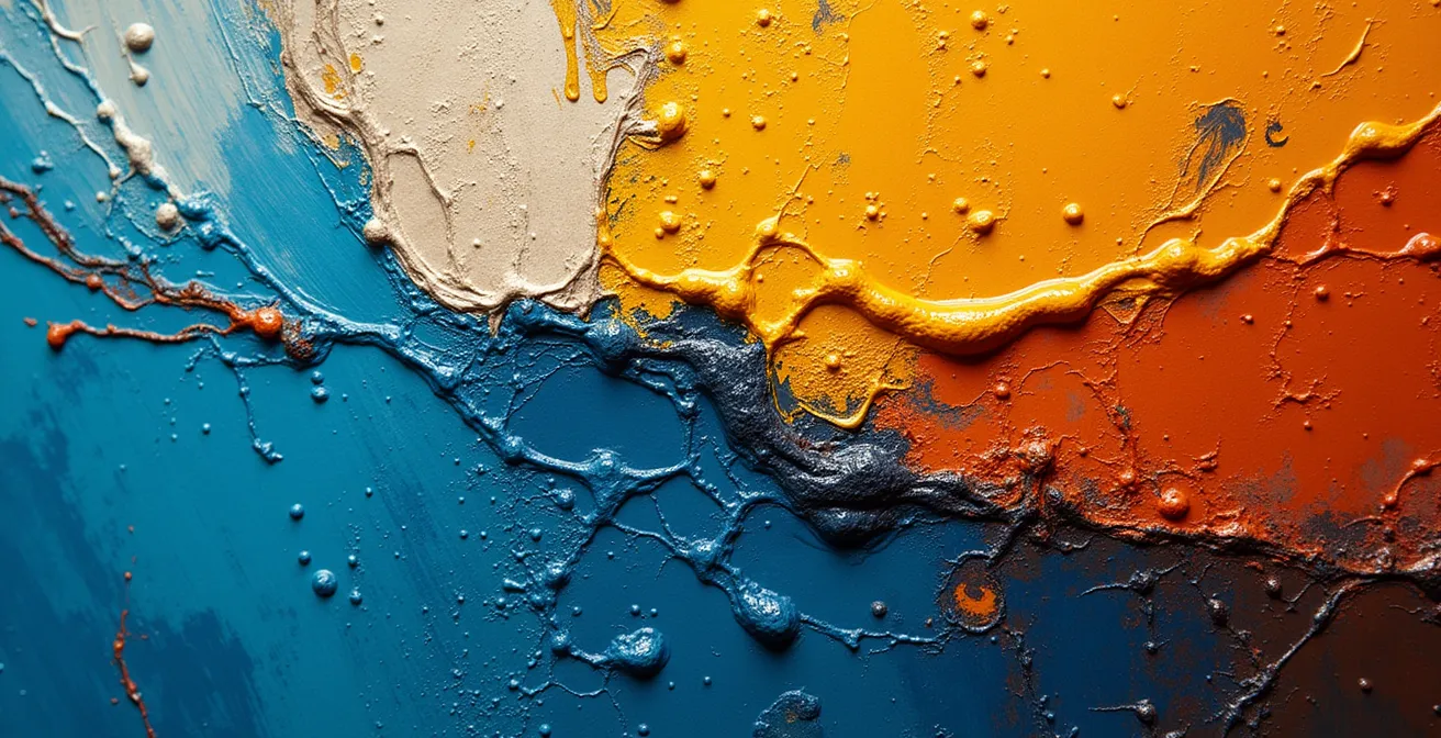 Primo piano di pennellate e texture di un dipinto antico sotto diversi tipi di illuminazione museale