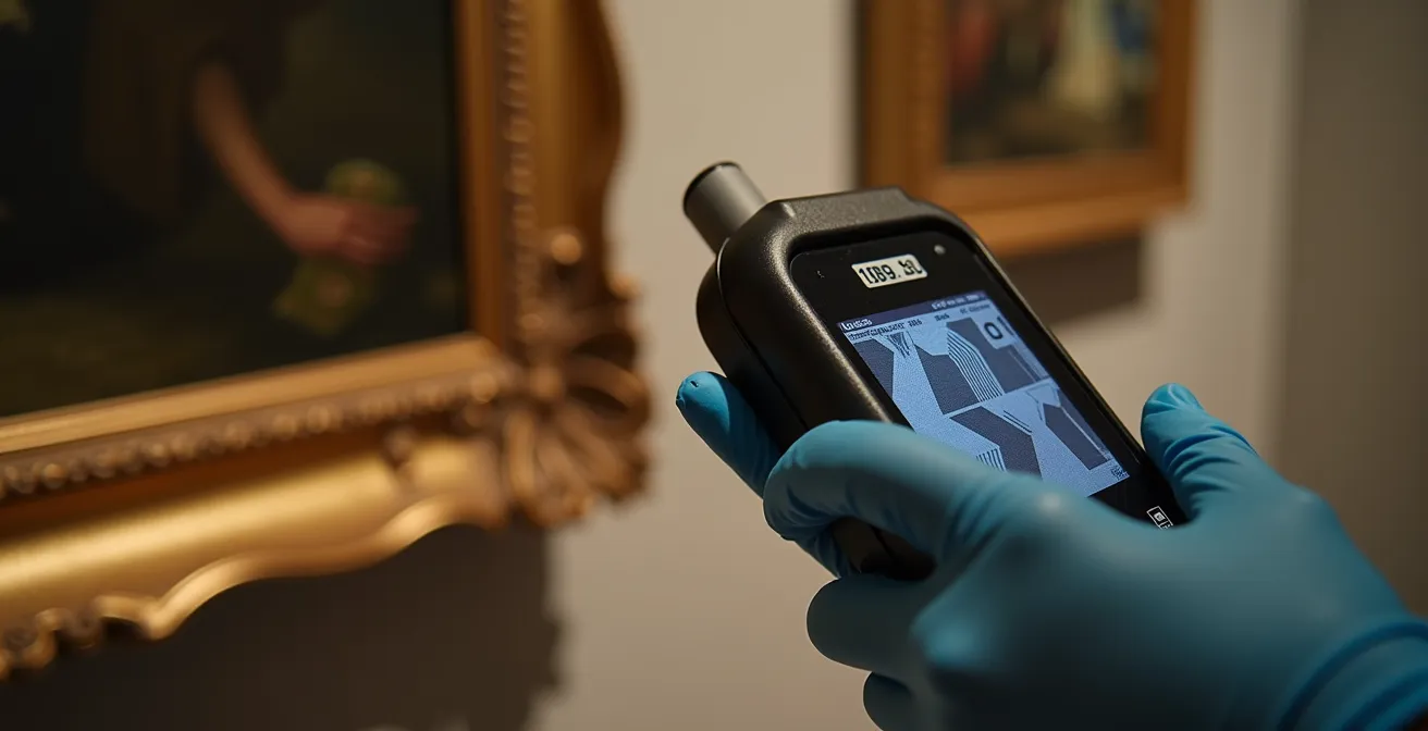 Mano che tiene un luxmetro digitale vicino a un dipinto antico in ambiente museale