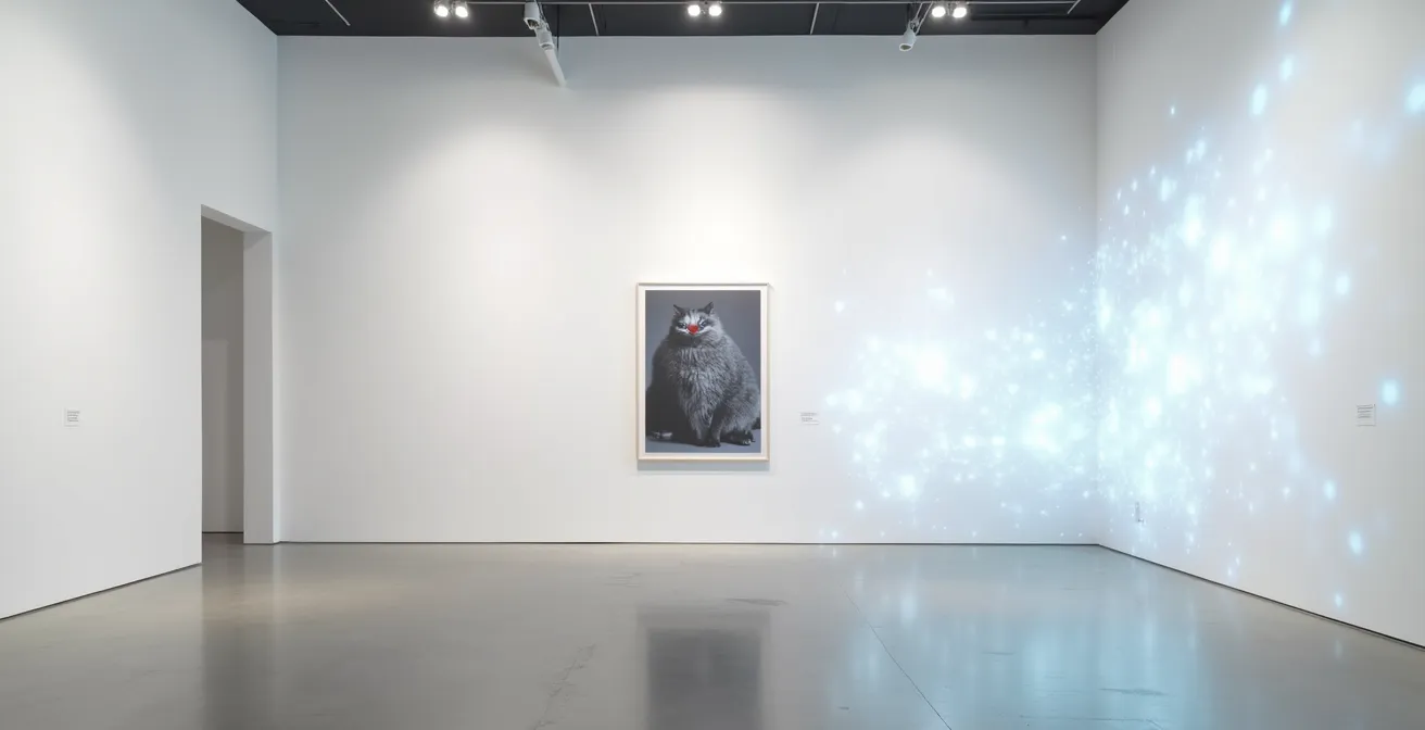 Opera d'arte fisica con componente NFT digitale in galleria contemporanea