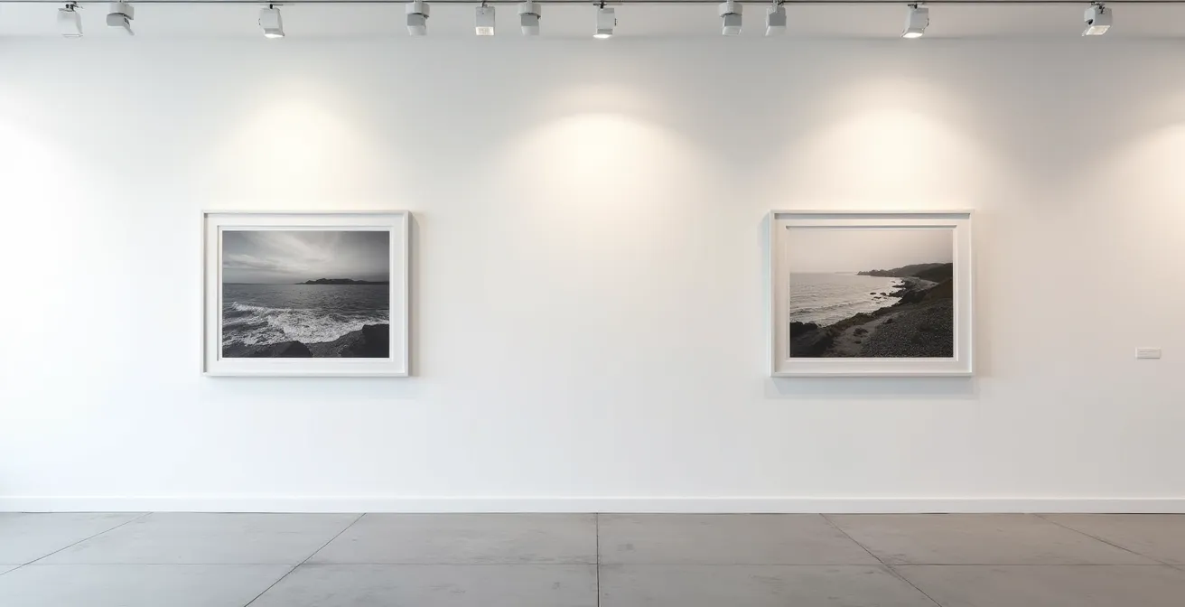 Confronto tra stampe fine art montate su dibond e con passepartout flottante in galleria d'arte contemporanea