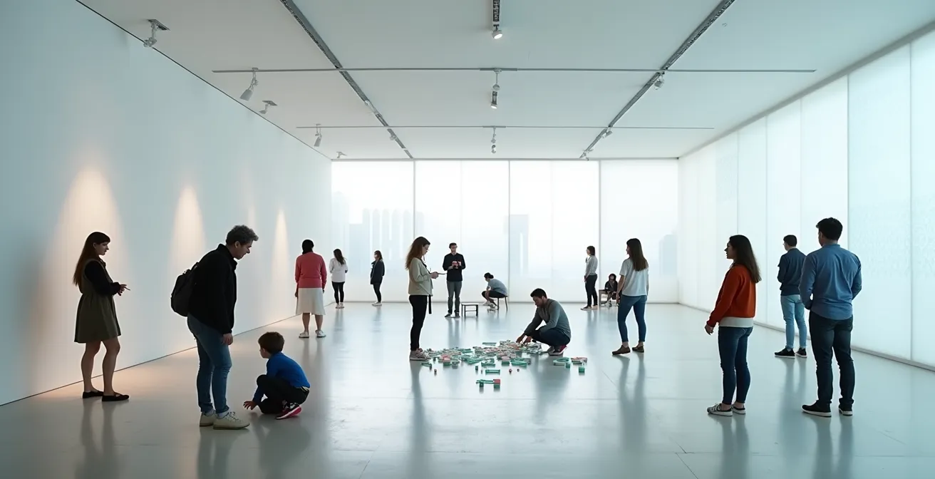 Spazio museale interattivo con visitatori che partecipano attivamente all'esperienza artistica