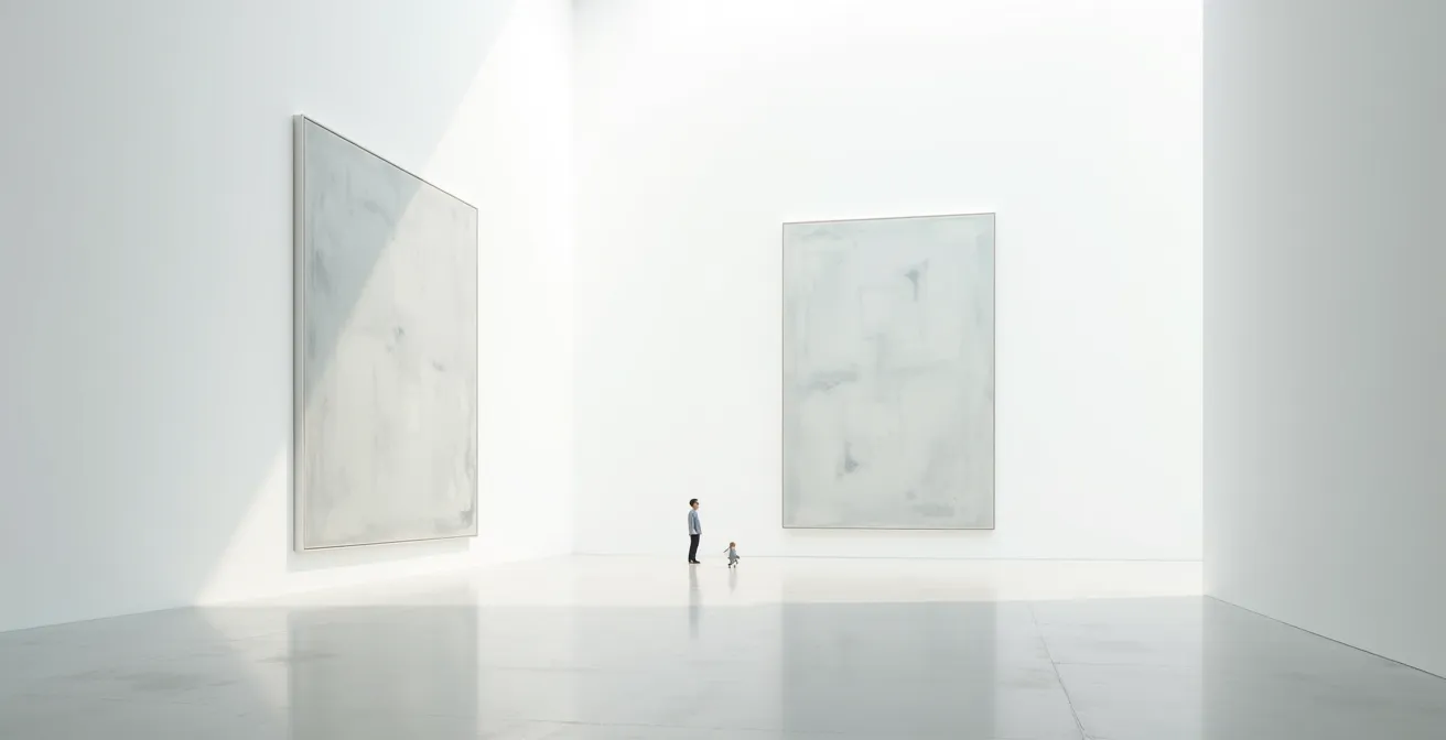 Spazio museale minimalista con enormi tele astratte che dominano pareti bianche altissime