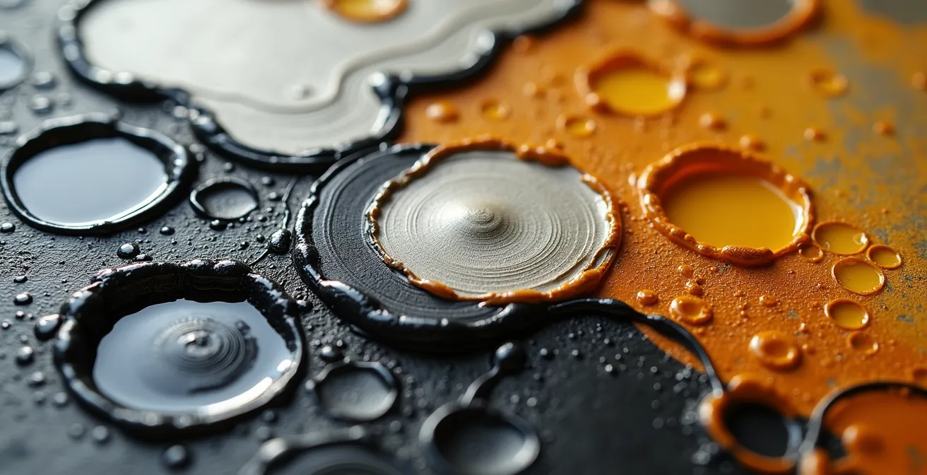 Dettaglio ravvicinato di pozze di vernice livellate orizzontalmente su tela