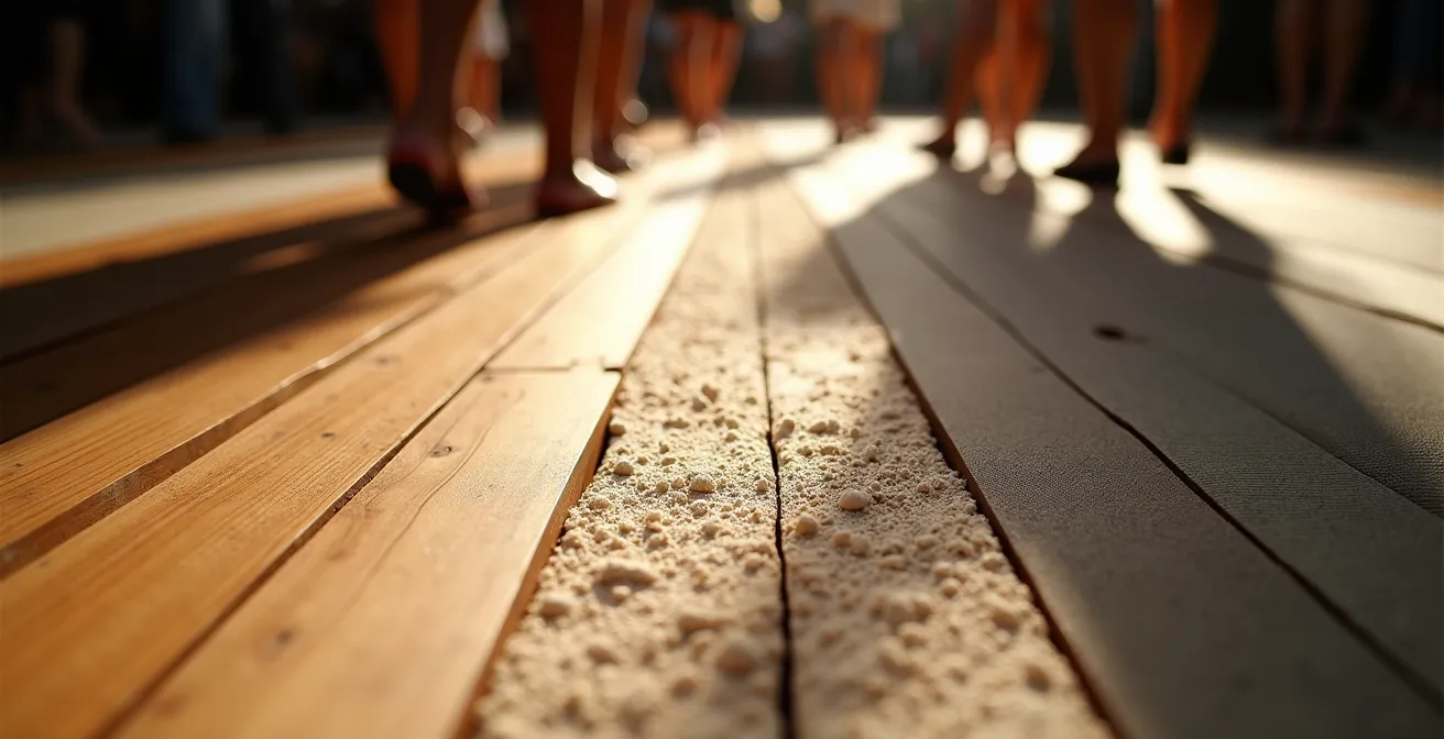 Spazio performativo con percorsi definiti da luci e ombre senza barriere fisiche