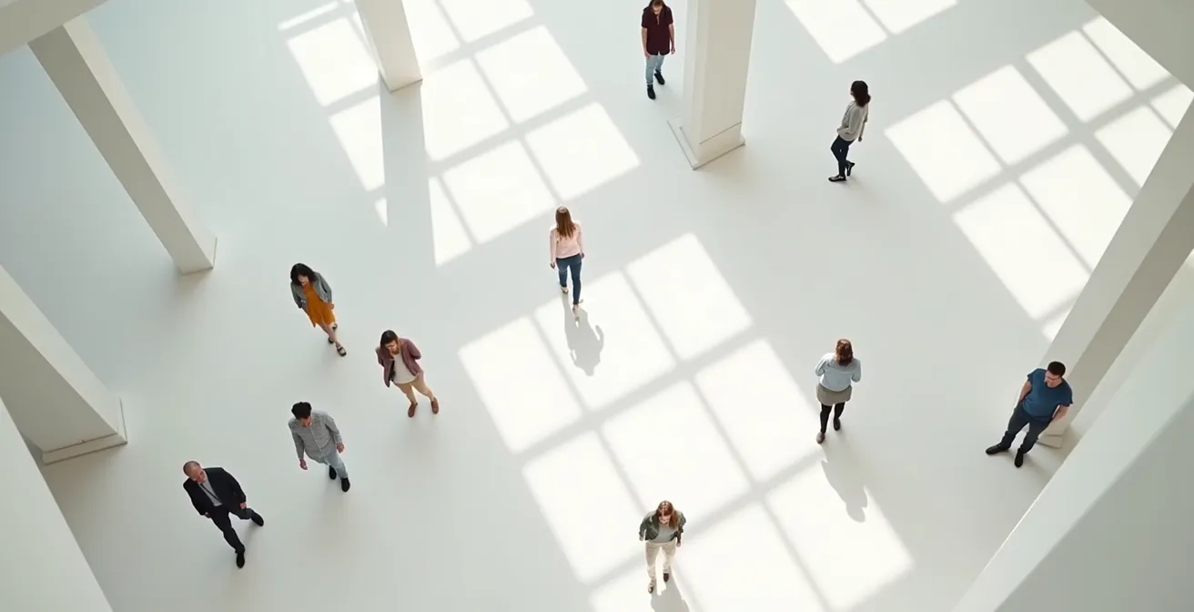 Vista dall'alto di visitatori che seguono un percorso espositivo fluido in un museo