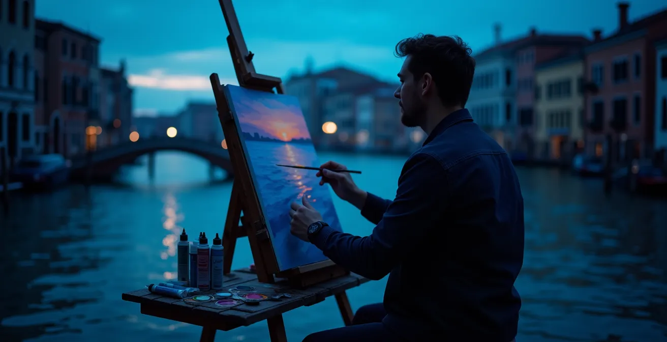 Artista dipinge durante l'ora blu con riflessi sull'acqua del canale
