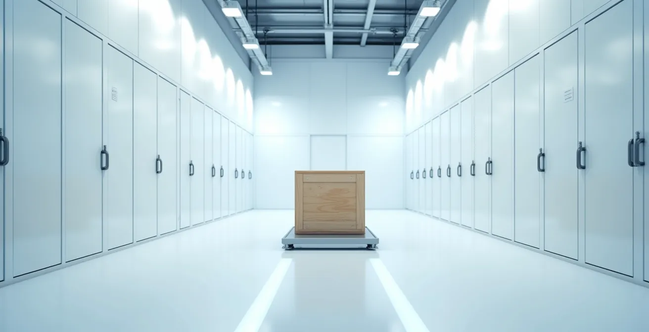 Vista minimalista di un deposito di porto franco per opere d'arte