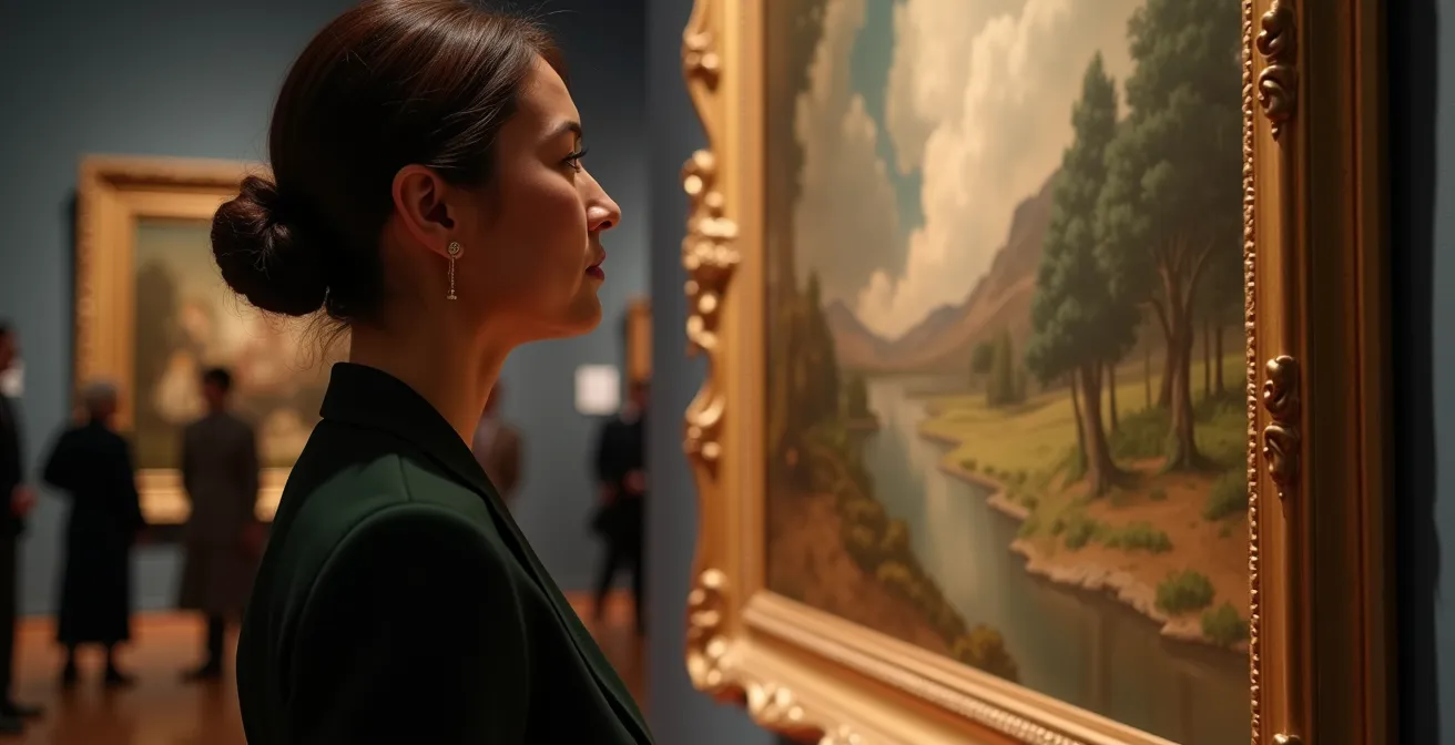 Vista laterale di un faretto posizionato a 30 gradi rispetto a un dipinto per evitare riflessi