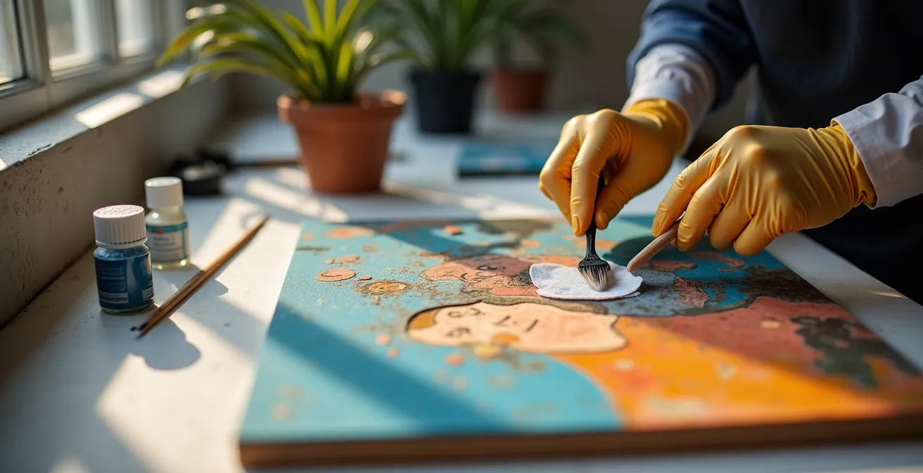 Dimostrazione di pulitura selettiva su superfici diverse di un'opera d'arte mista