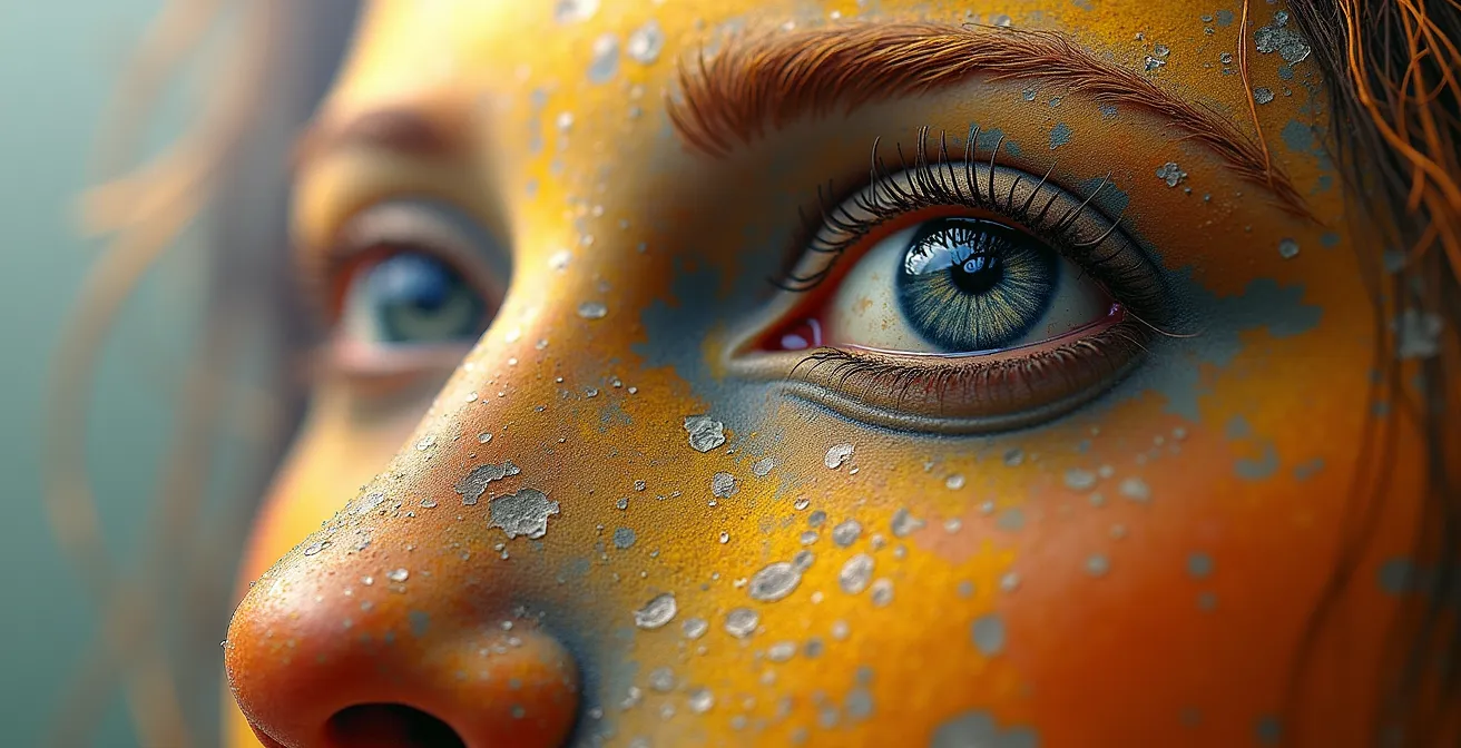 Dettaglio ravvicinato di un pentimento rivelato dalla riflettografia infrarossa su una tela antica